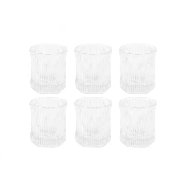 1133-57 Short Glass Set – 6 Pieces – Clear Textured Glass with Modern Wave Design