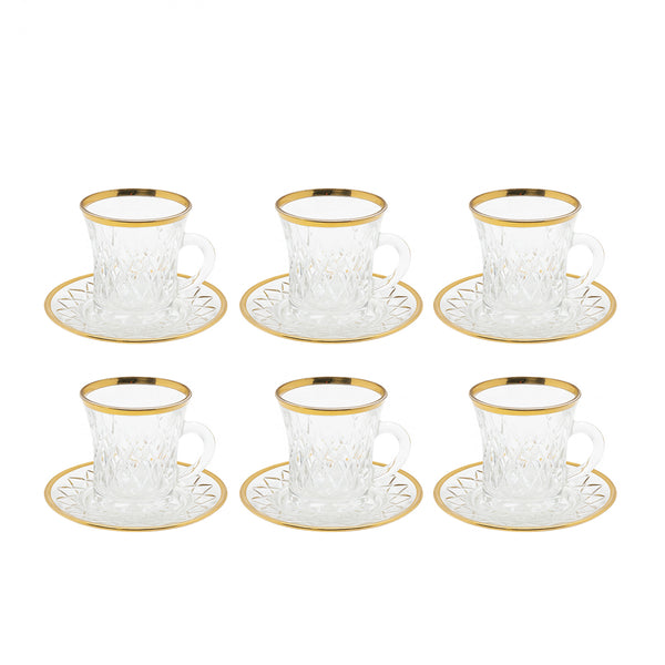 5340342 Tea Cup & Saucer – 12-Piece – Diamond-Cut Crystal-Style with Gold Line