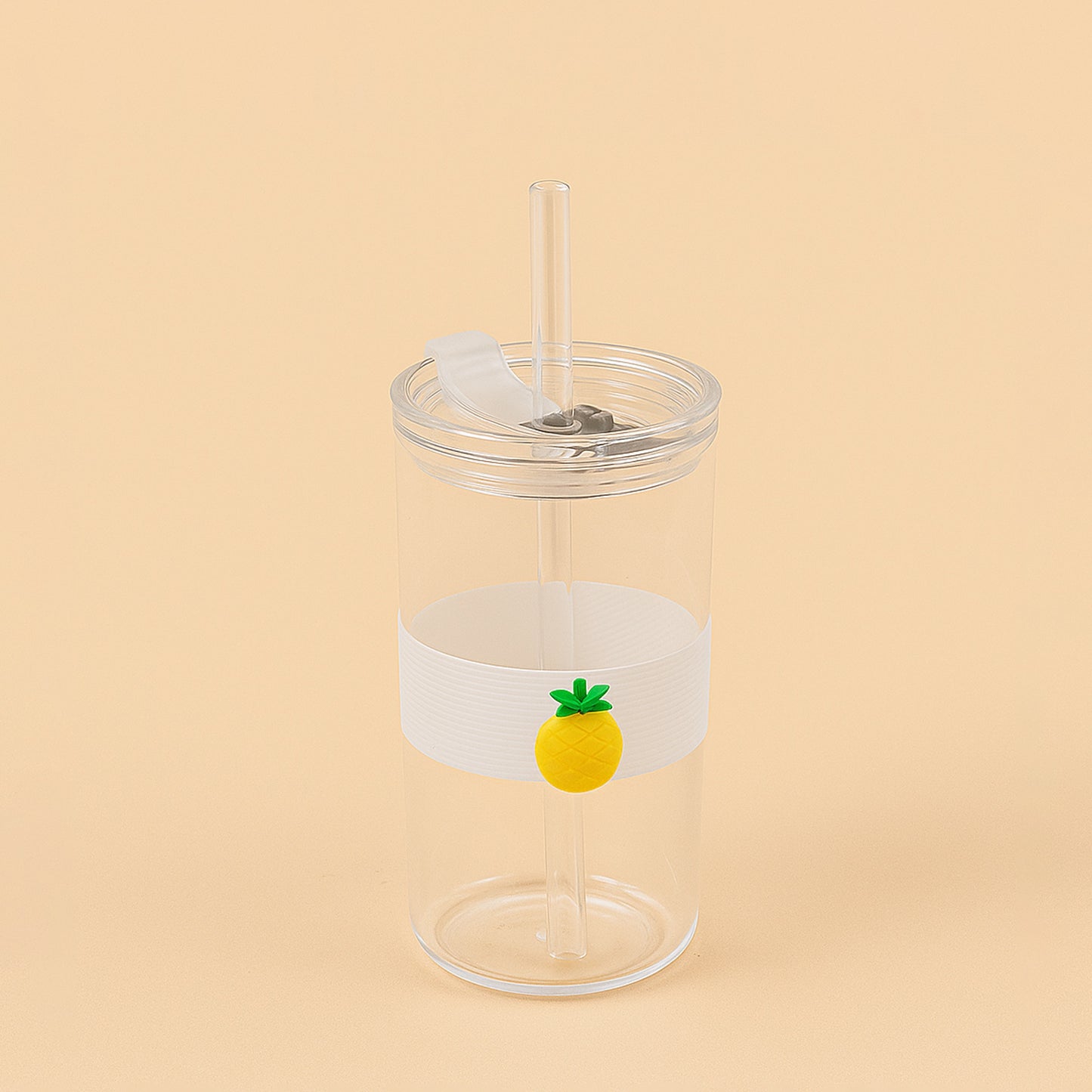 Glass Bottle With Straw – 14cm (H) – Clear Design With Pineapple Detail – 2439