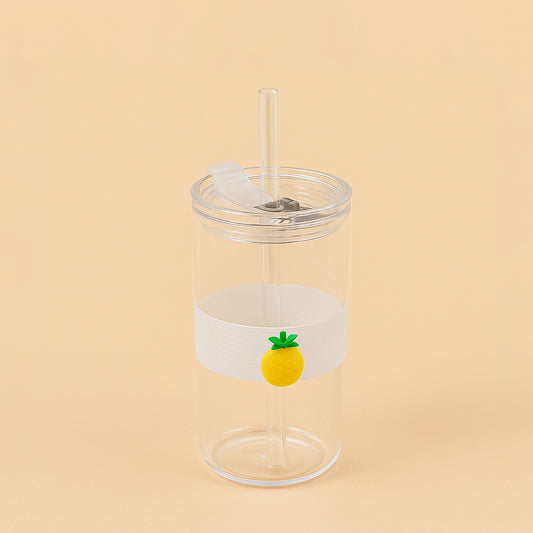 Glass Bottle With Straw – 14cm (H) – Clear Design With Pineapple Detail – 2439