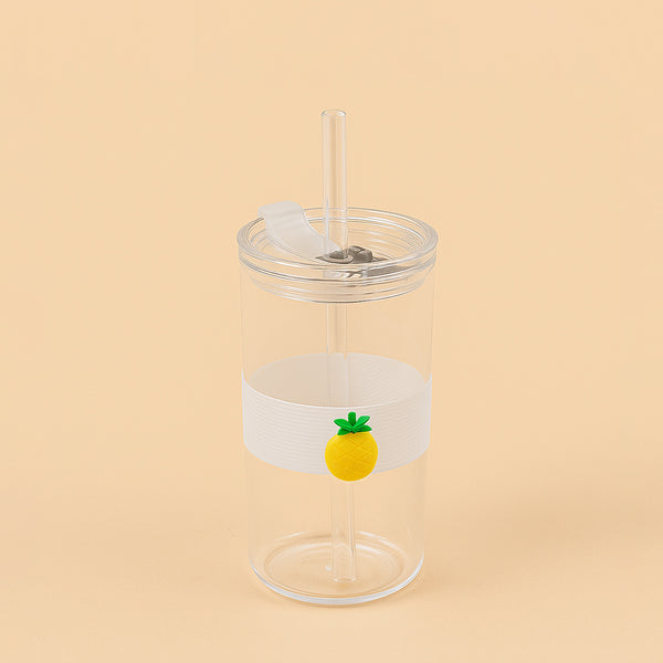 Glass Bottle With Straw – 14cm (H) – Clear Design With Pineapple Detail – 2439