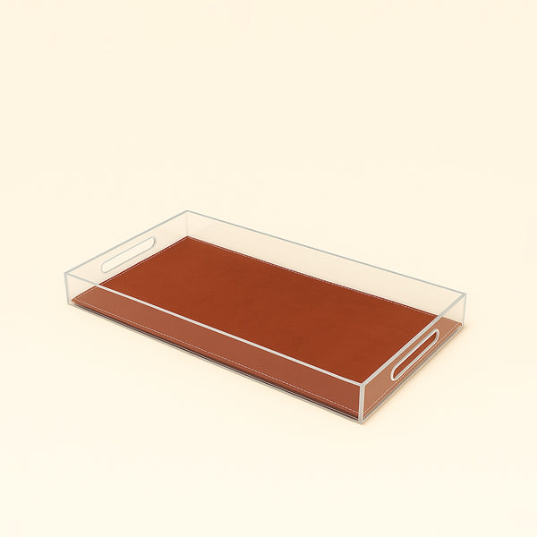 Acrylic Rectangular Tray with Leather Base – 30 x 60 x 5 cm – Brown – TR0022