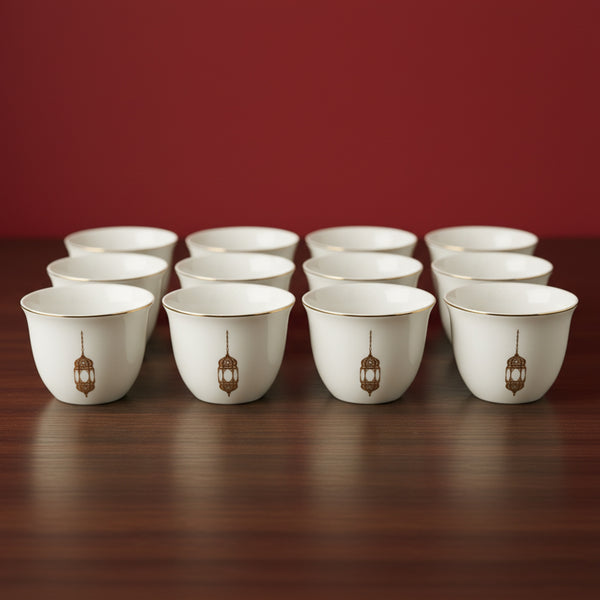 5854G Cawa Cup Set – 12-Piece Elegant White Design with Gold Lantern Motif & Rim