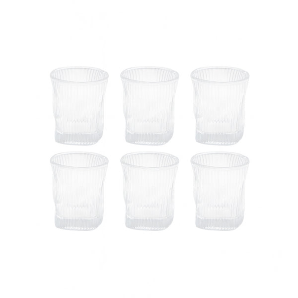1133-56 Short Glass Set – 6 Pieces – Clear Textured Glass with Modern Curved Design