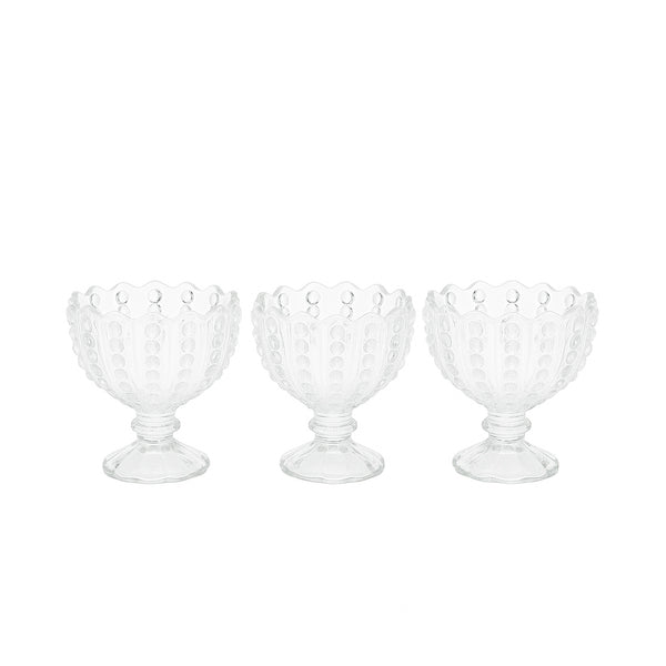 850 – Lemas Ice Cream Bowl 3PC Set – 180ml – Clear Embossed Glass Pedestal Design