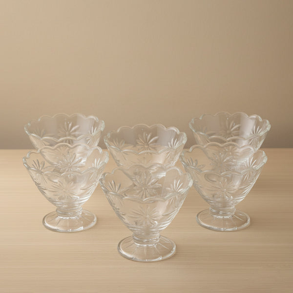 VG173 Glass Ice Cream Cup Set – 6-Piece – Elegant Clear Floral Design