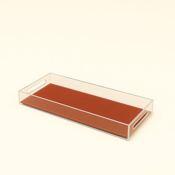 Acrylic Rectangular Tray with Leather Base – 20 x 50 x 5 cm – Brown – TR0025