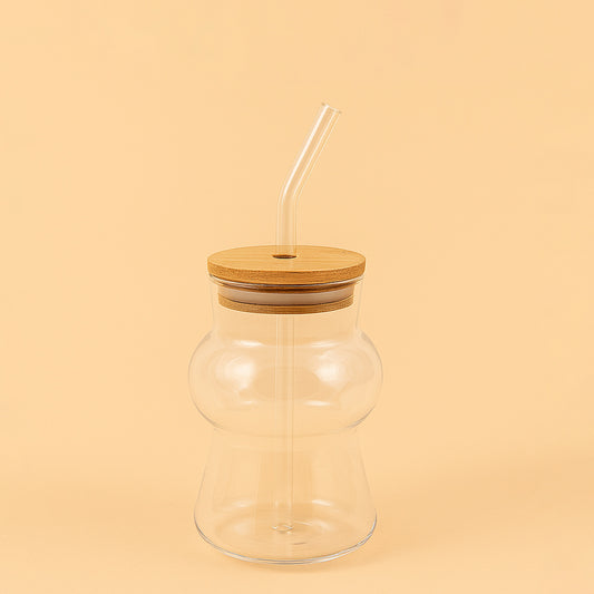 Glass Juice Cup With Bamboo Lid And Straw – 14cm (H) – RS33293