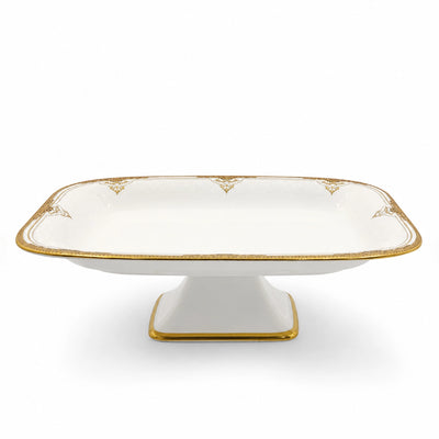 AB-187 Ceramic Rectangular Pedestal Plate with Stand – 35 × 24.5 × 19 cm – White with Gold Rim