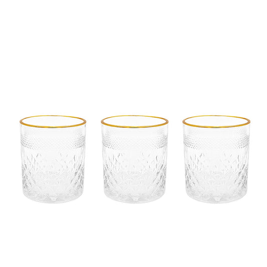 WG-211-3 – Drinking Glass – 3-Piece Set – Clear Textured Tumblers with Elegant Gold Rim