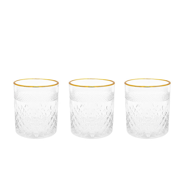 WG-211-3 – Drinking Glass – 3-Piece Set – Clear Textured Tumblers with Elegant Gold Rim
