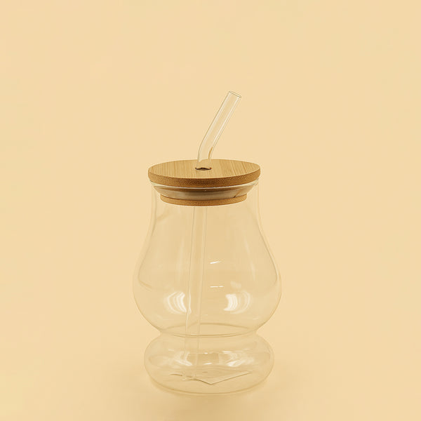 Glass Juice Cup With Bamboo Lid And Straw – 15cm (H) – RS33297