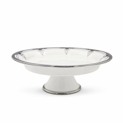 AB-212 Ceramic Round Pedestal Bowl with Stand – 25 × 9 cm – White with Silver Rim