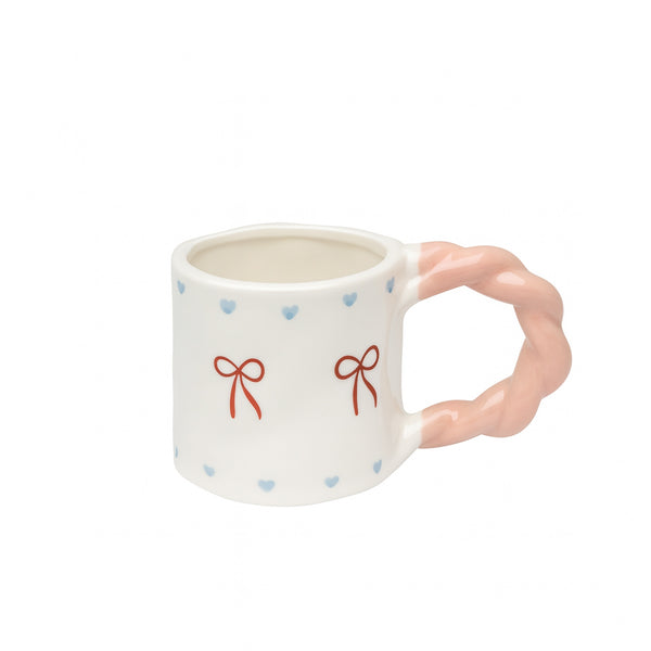 273-9 Ceramic Mug – 8 cm (D) × 8 cm (H) – White Finish with Red Bow Pattern & Pink Twisted Handle