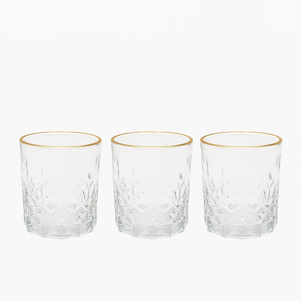 WG-209-3 –  Drinking Glass – 3-Piece Set – Clear Faceted Tumblers with Elegant Gold Rim