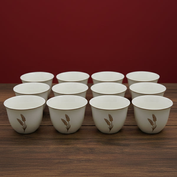 5856G Cawa Cup Set – 12-Piece Elegant White Design with Gold Wheat Motif & Rim