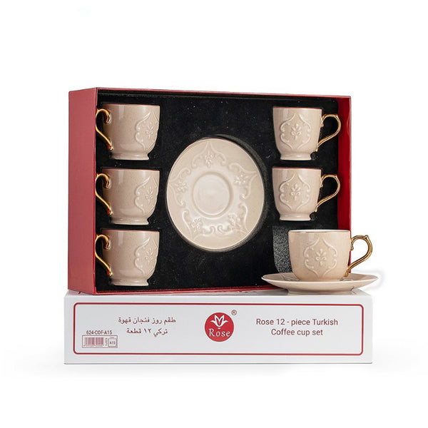 624 Rose Turkish Coffee Cup Set – 12-Piece – Brown Beige Porcelain with Gold Handles