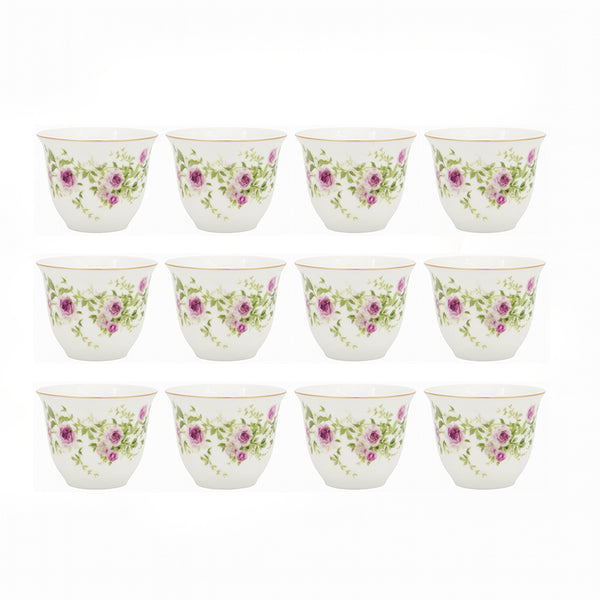 GP-82 Cawa Cup Set – 12-Piece – Purple Rose Floral Design with Gold Rim