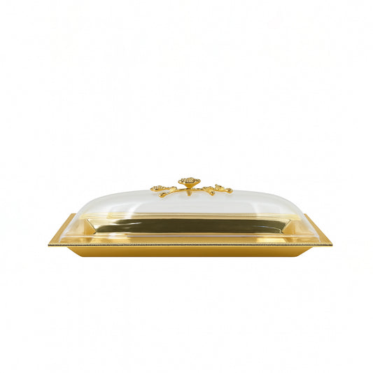CD-7189 – Gold Rectangular Serving Tray with Decorative Acrylic Lid – 40cm (W) x 15cm (L)