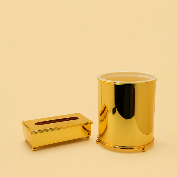 TA2825 – Gold Dustbin & Tissue Box Set – Elegant Metallic Finish – 2-Piece Set
