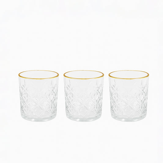 WG-208-3 – Drinking Glass – 3-Piece Set – Clear Patterned Tumblers with Elegant Gold Rim