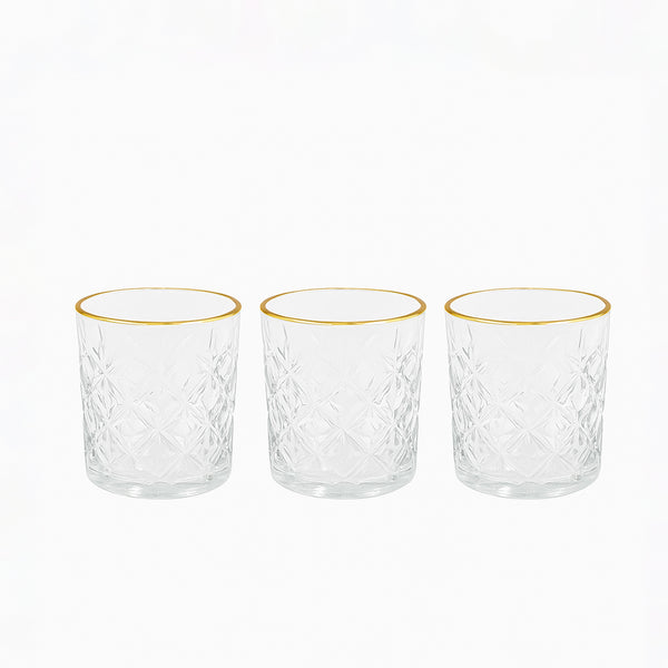 WG-208-3 – Drinking Glass – 3-Piece Set – Clear Patterned Tumblers with Elegant Gold Rim
