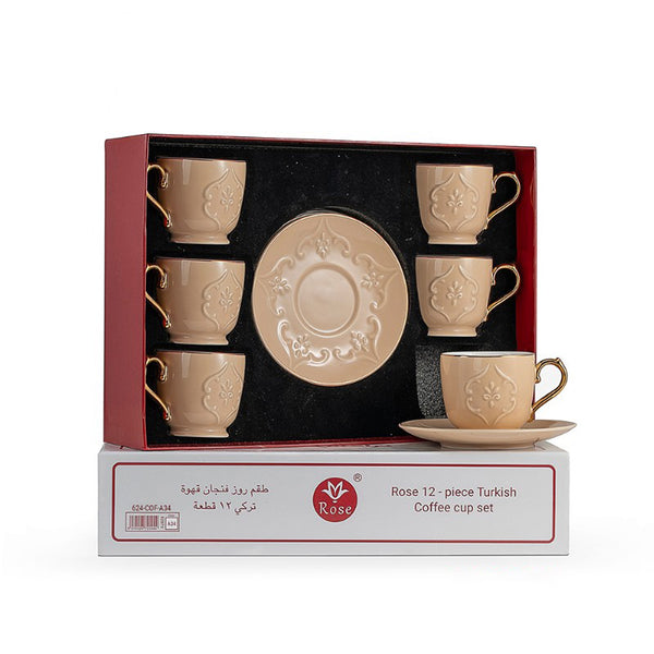 624 Rose Turkish Coffee Cup Set – 12-Piece – Beige Porcelain with Gold Handles