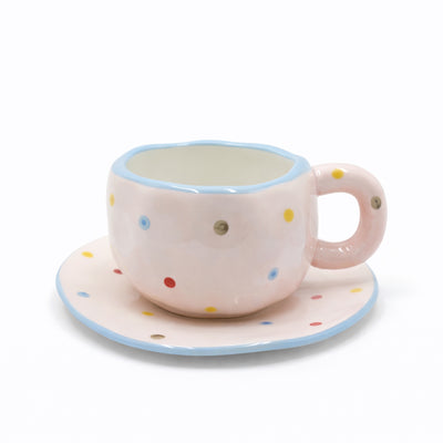 2936-11 ceramic cup and saucer set with pastel polka dot design for tea and coffee serving – Siddiq Gifts Mussafah Abu Dhabi