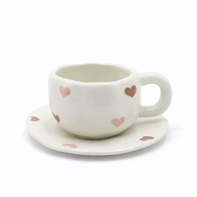 2937-02 ceramic cup and saucer set with pink and brown heart pattern for tea and coffee serving – Siddiq Gifts Mussafah Abu Dhabi