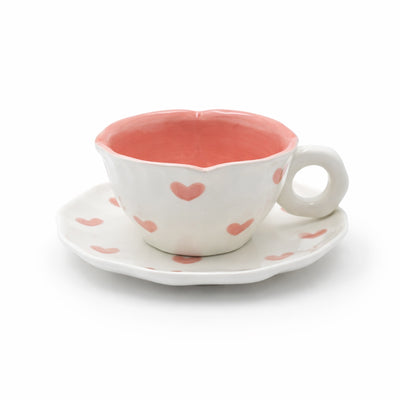 2937-09 ceramic cup and saucer set with white and pink heart design and gloss finish for tea and coffee serving – Siddiq Gifts Mussafah Abu Dhabi
