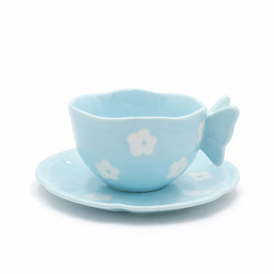 2939-04 ceramic cup and saucer set with sky blue floral design and 3D butterfly handle for tea and coffee serving – Siddiq Gifts Mussafah Abu Dhabi