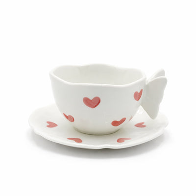 2939-25 ceramic cup and saucer set with red heart pattern and 3D butterfly handle for tea and coffee serving – Siddiq Gifts Mussafah Abu Dhabi