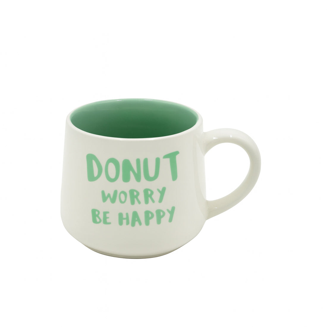 269-14 Ceramic Mug – “Donut Worry Be Happy” Design – Donut Inside – Green & White