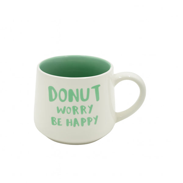 269-14 Ceramic Mug – “Donut Worry Be Happy” Design – Donut Inside – Green & White