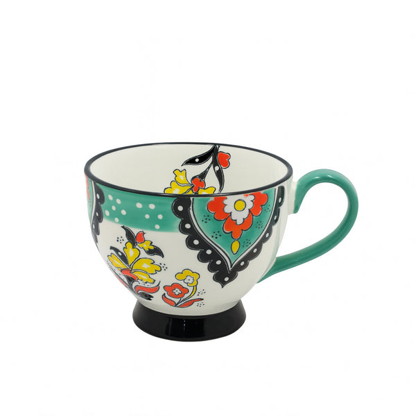 1514-12 Ceramic Mug – Floral Design with Green Handle