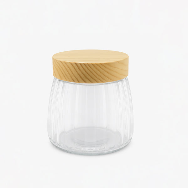 VG369 Glass Storage Jar with Wooden Lid – 900ml – Ribbed Clear Design