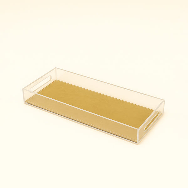 Acrylic Rectangular Tray with Leather Base – 20 x 50 x 5 cm – Gold – TR0025