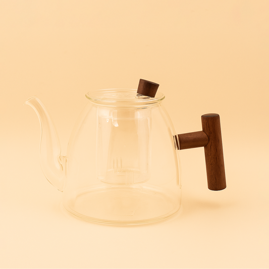 90394-08 – Glass Tea Pot with Wooden Handle – Clear – Modern Minimalist Design