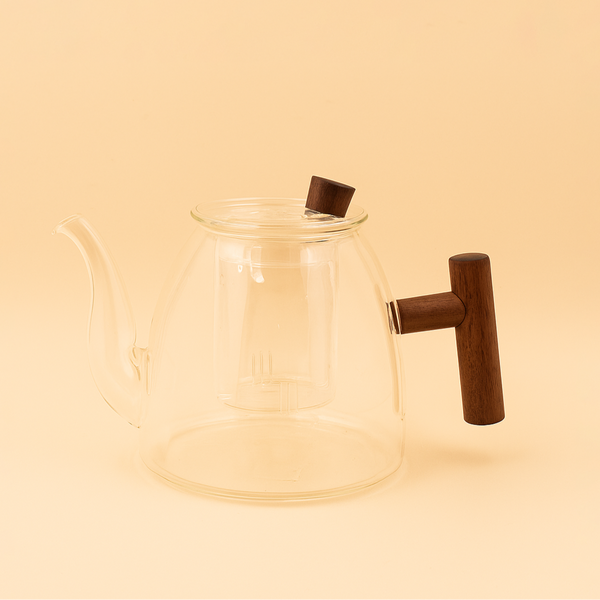 90394-08 – Glass Tea Pot with Wooden Handle – Clear – Modern Minimalist Design