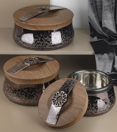 HJ1566 Nourhan Food Warmer Set – 3 Pieces – Black Finish with Wooden Lid