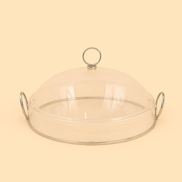 CD-7452 Acrylic Round Tray with Lid –35 cm Diameter – Clear with Silver Accents