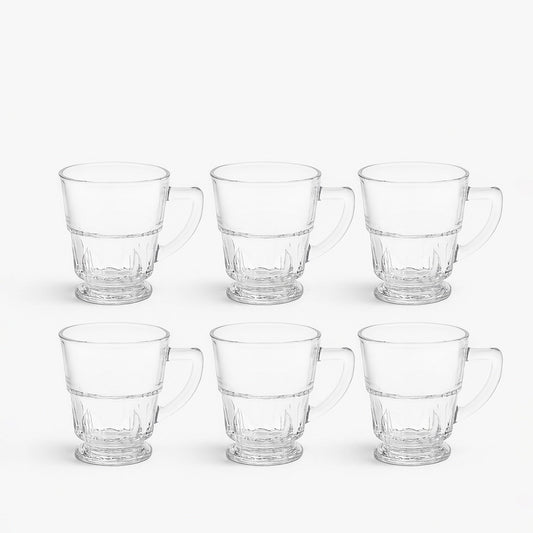 OCT117 – Glass Tea Cup – 6-Piece Set – Clear Footed Tea Cups with Handle