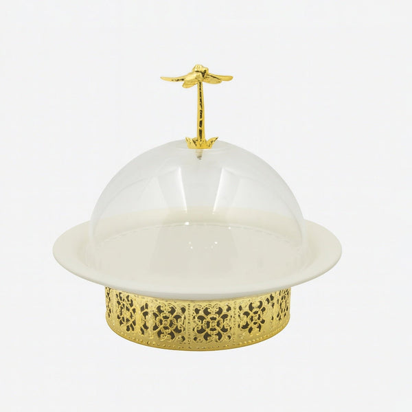 HY775 Candy Bowl with Dome Cover – 25cm (D) – White & Gold Finish