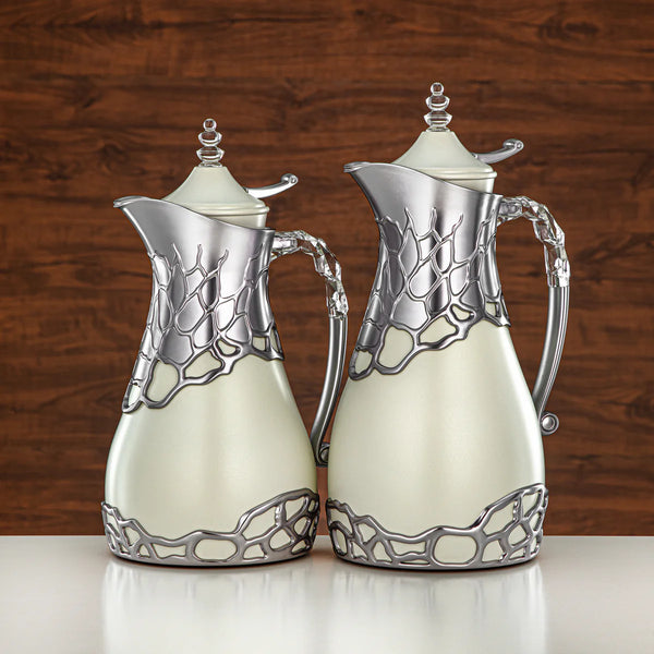 VBC Vacuum Flask Set 2-Piece – Ivory Matt Silver Finish – 0.7L & 1L – Elegant Insulated Hot & Cold Beverage Container