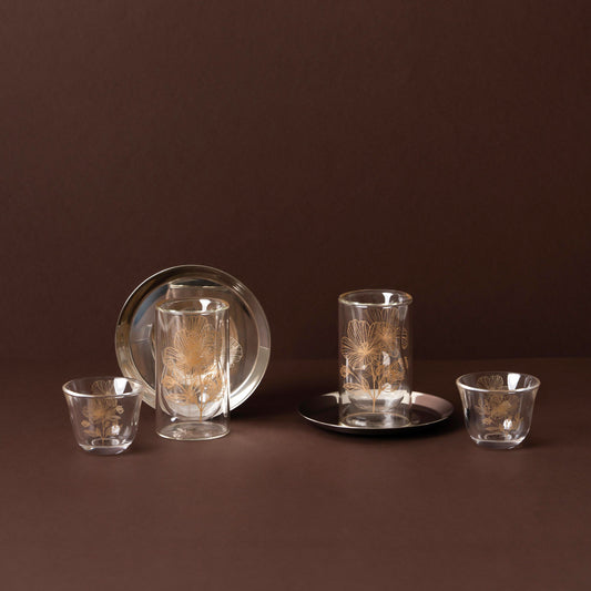 GT1123 Tea & Cawa Cup Set – 18-Piece – Elegant Clear Glass Design with Gold Floral Motif for Arabic Serving