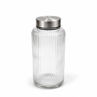 HMK20324 Glass Bottle  – Stainless Steel & PP Silicone-Sealed Lid – Clear Ribbed Glass Storage Bottle