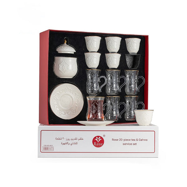 624-20 Rose Tea & Cawa Cup Set – 20-Piece Elegant White Design