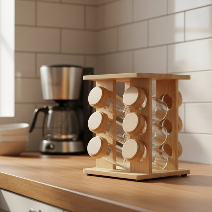 Wooden spice rack with glass jars on a kitchen counter next to a coffee maker.