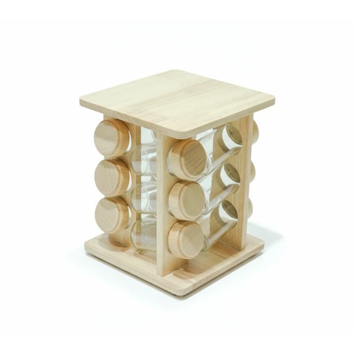 Wooden wine rack with circular compartments on a white background