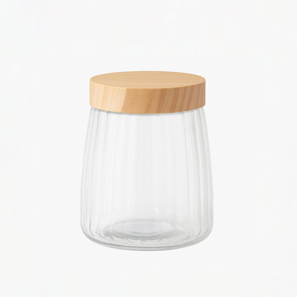 VG368 Glass Storage Jar with Wooden Lid – 1320ml – Ribbed Clear Design